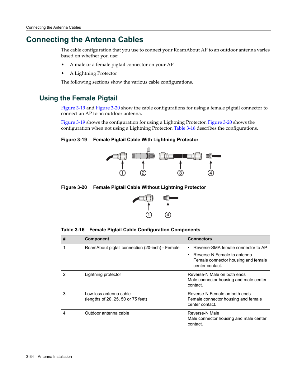 Connecting the antenna cables, Using the female pigtail, Connecting the antenna cables -34 | Using the female pigtail -34, Female pigtail cable with lightning protector -34, Female pigtail cable configuration components -34, Connecting the, Antenna cables | Enterasys Networks ROAMABOUT RBT-1602 User Manual | Page 66 / 92