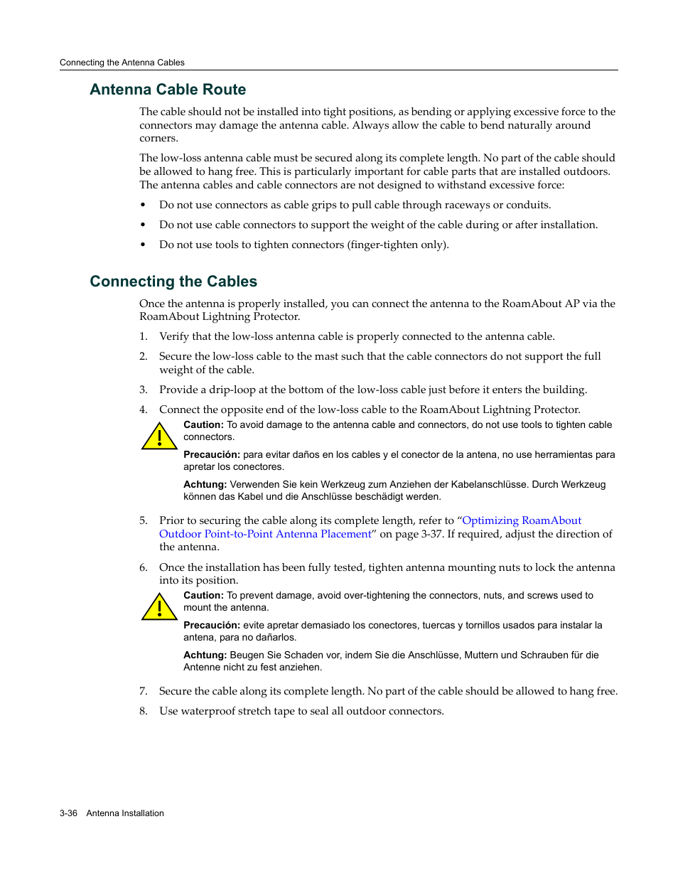 Antenna cable route, Connecting the cables, Antenna cable route -36 connecting the cables -36 | Enterasys Networks ROAMABOUT RBT-1602 User Manual | Page 68 / 92