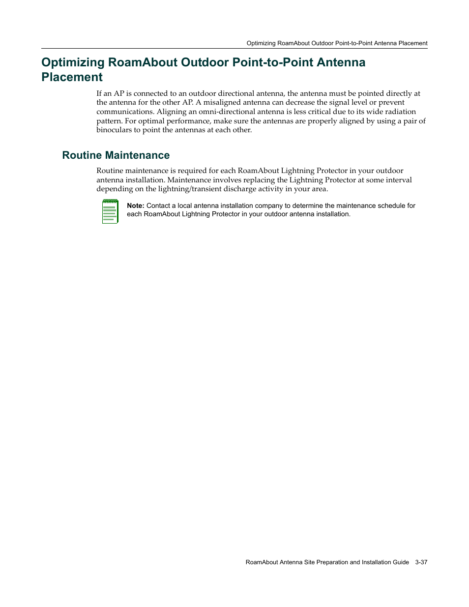 Routine maintenance, Routine maintenance -37, Optimizing roamabout | Outdoor point‐to‐point antenna placement | Enterasys Networks ROAMABOUT RBT-1602 User Manual | Page 69 / 92