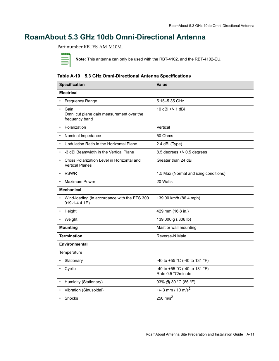 Roamabout 5.3 ghz 10db omni-directional antenna, A-11 | Enterasys Networks ROAMABOUT RBT-1602 User Manual | Page 81 / 92