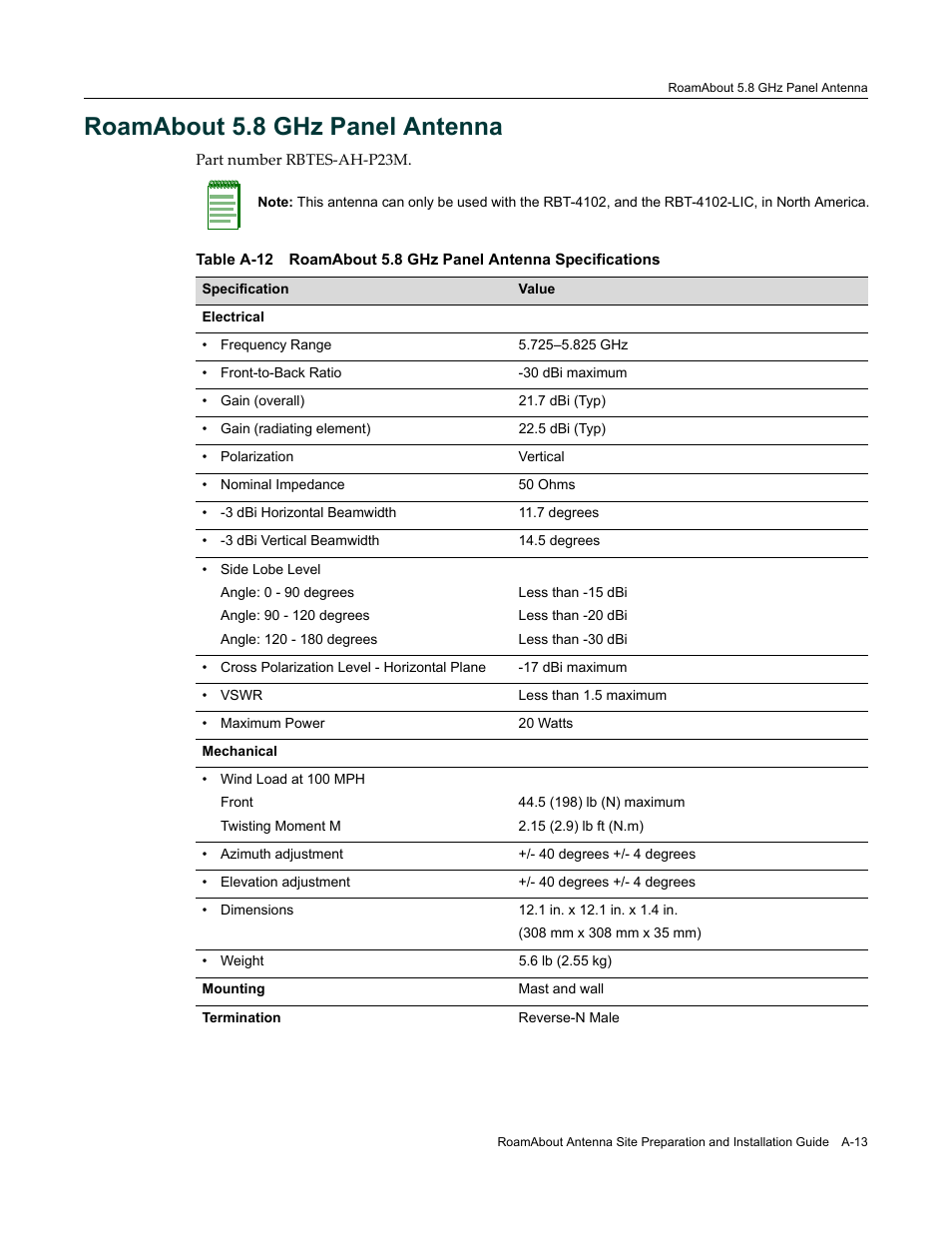 Roamabout 5.8 ghz panel antenna, A-13 | Enterasys Networks ROAMABOUT RBT-1602 User Manual | Page 83 / 92