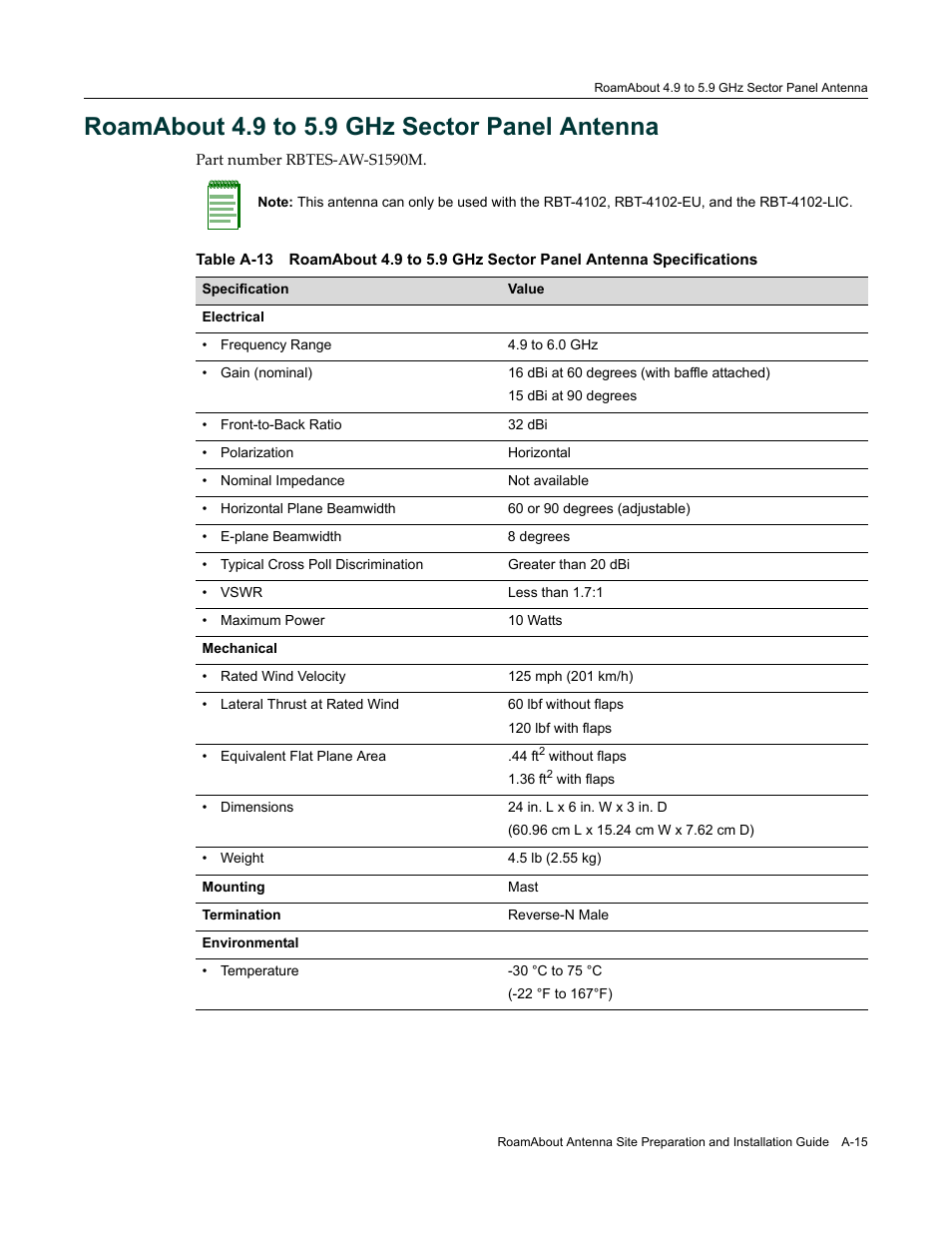 Roamabout 4.9 to 5.9 ghz sector panel antenna, A-15 | Enterasys Networks ROAMABOUT RBT-1602 User Manual | Page 85 / 92