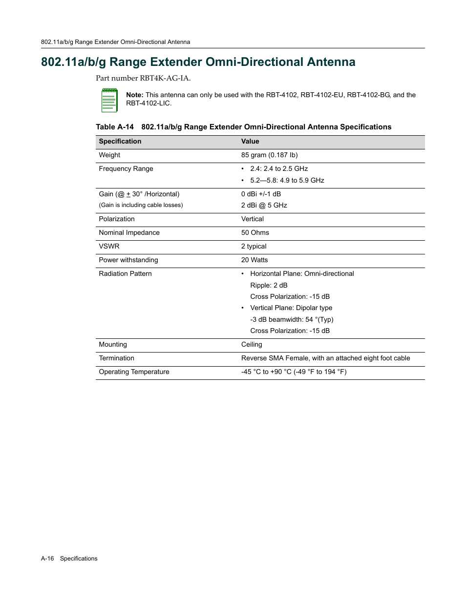 11a/b/g range extender omni-directional antenna, A-16 | Enterasys Networks ROAMABOUT RBT-1602 User Manual | Page 86 / 92