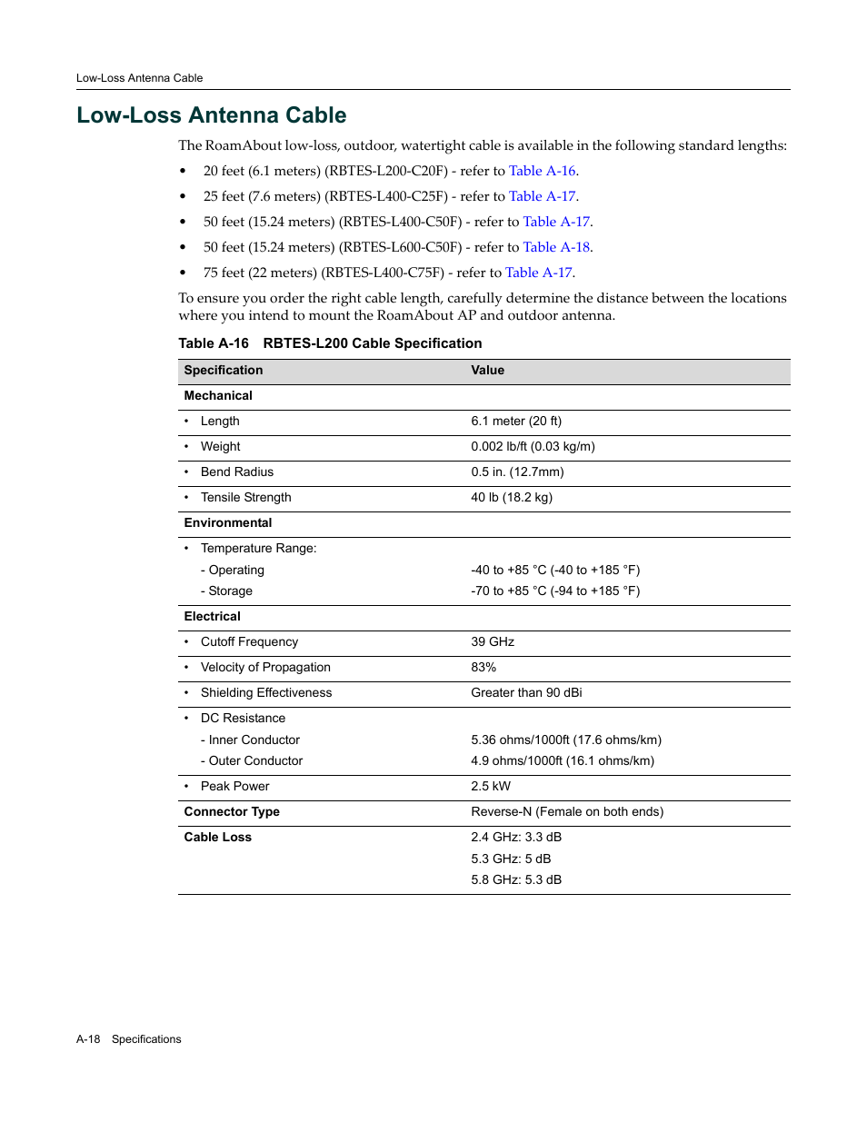 Low-loss antenna cable, A-18 | Enterasys Networks ROAMABOUT RBT-1602 User Manual | Page 88 / 92