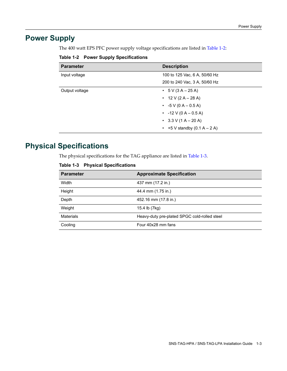 Power supply, Physical specifications, Power supply -3 physical specifications -3 | Power supply specifications -3, Physical specifications -3 | Enterasys Networks SNS-TAG-LPA User Manual | Page 21 / 34