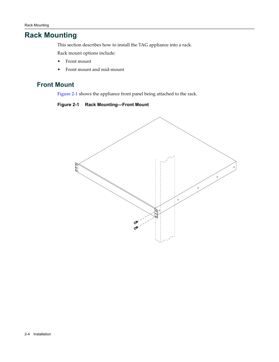 Rack mounting, Front mount, Rack mounting -4 | Front mount -4, Rack mounting—front mount -4 | Enterasys Networks SNS-TAG-LPA User Manual | Page 26 / 34