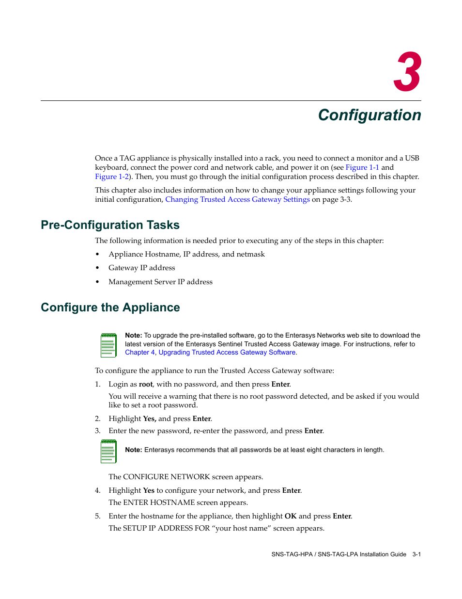 Configuration, Pre-configuration tasks, Configure the appliance | Chapter 3: configuration | Enterasys Networks SNS-TAG-LPA User Manual | Page 29 / 34