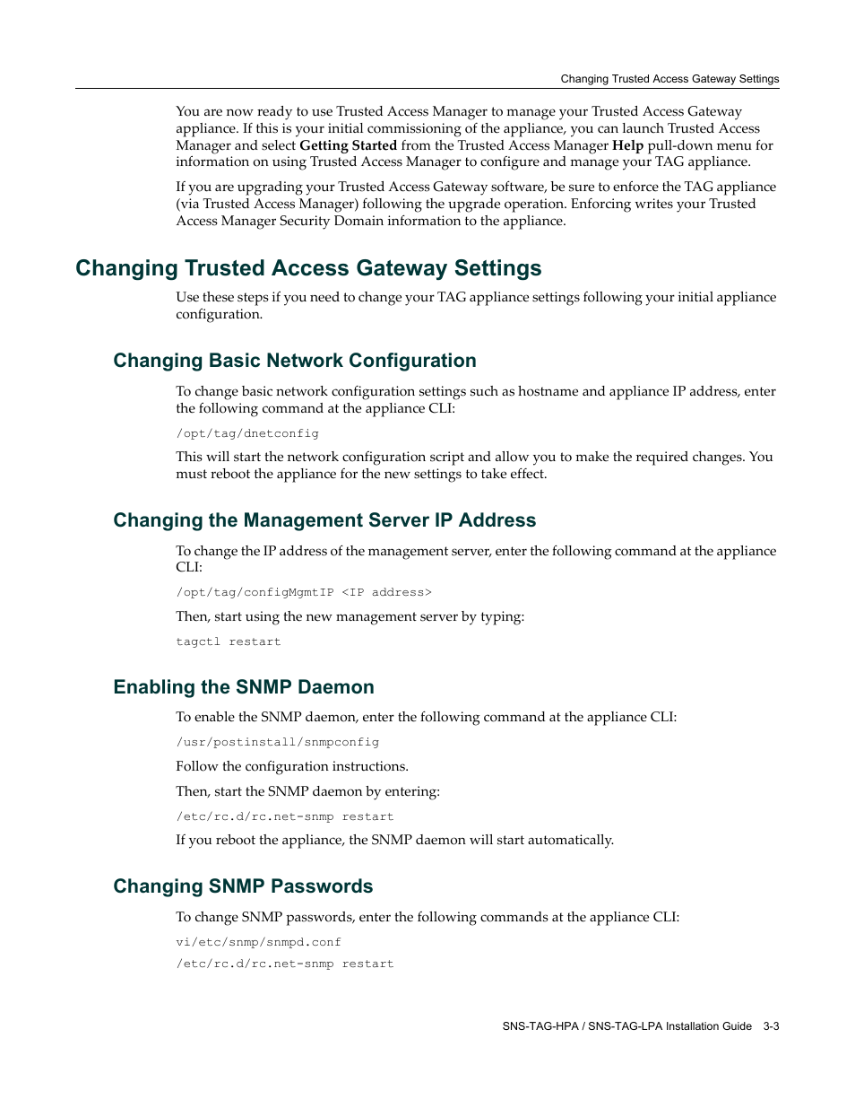 Changing trusted access gateway settings, Changing basic network configuration, Changing the management server ip address | Enabling the snmp daemon, Changing snmp passwords, Changing trusted access gateway settings -3 | Enterasys Networks SNS-TAG-LPA User Manual | Page 31 / 34