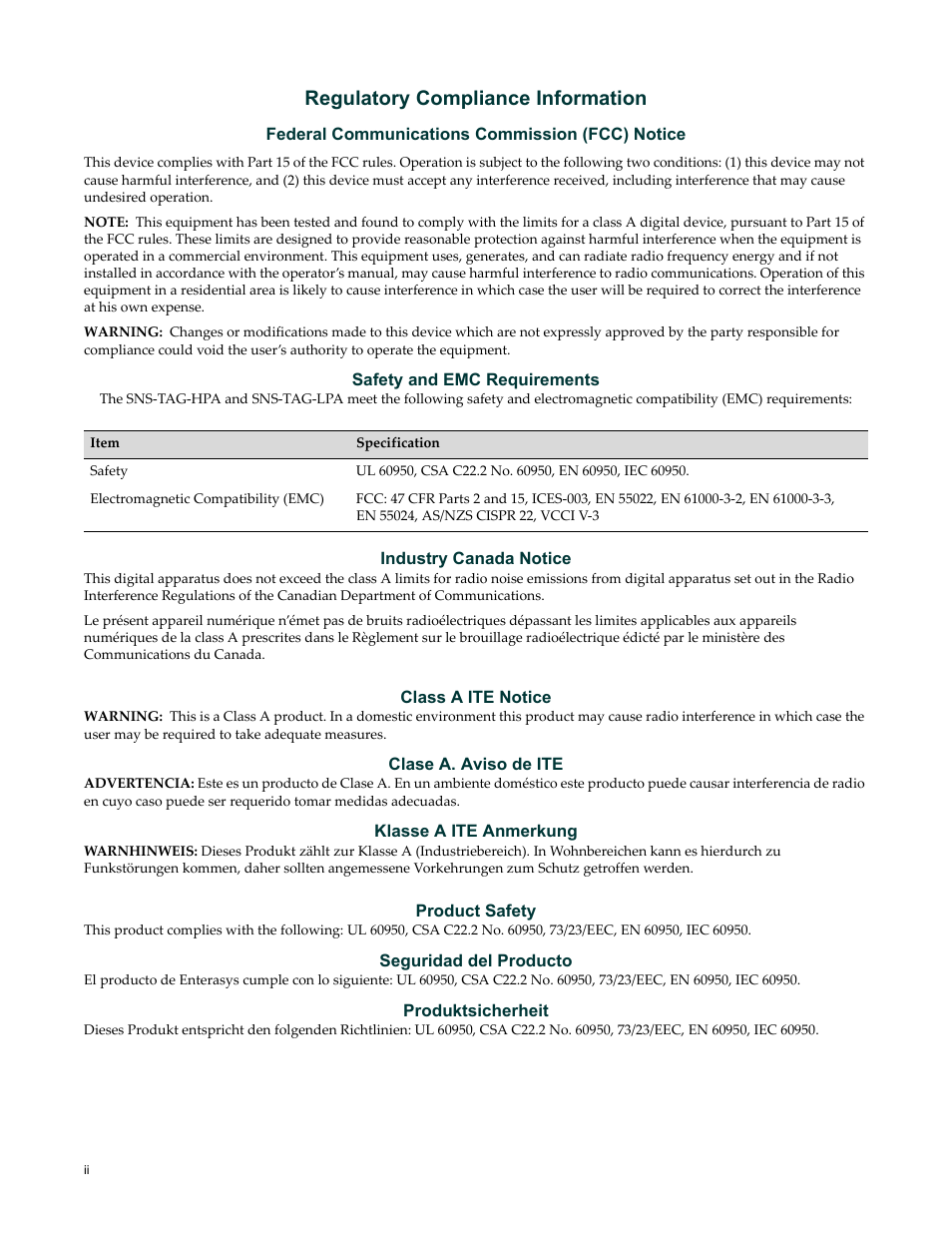 Regulatory compliance information | Enterasys Networks SNS-TAG-LPA User Manual | Page 4 / 34