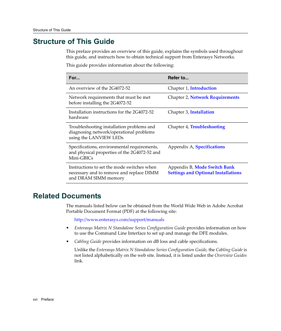 Structure of this guide, Related documents | Enterasys Networks 2G4072-52 User Manual | Page 18 / 70