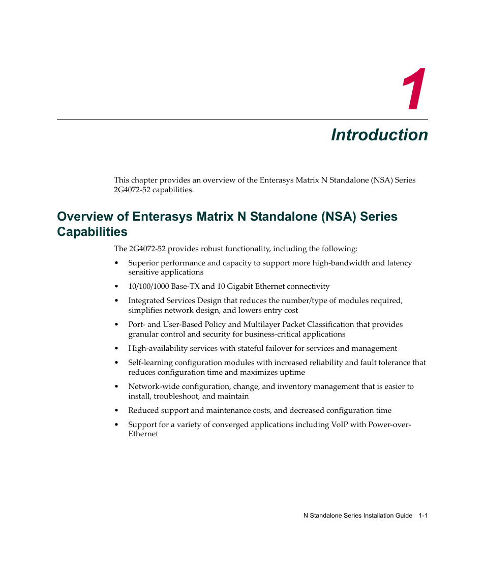 Introduction, Chapter 1: introduction | Enterasys Networks 2G4072-52 User Manual | Page 21 / 70