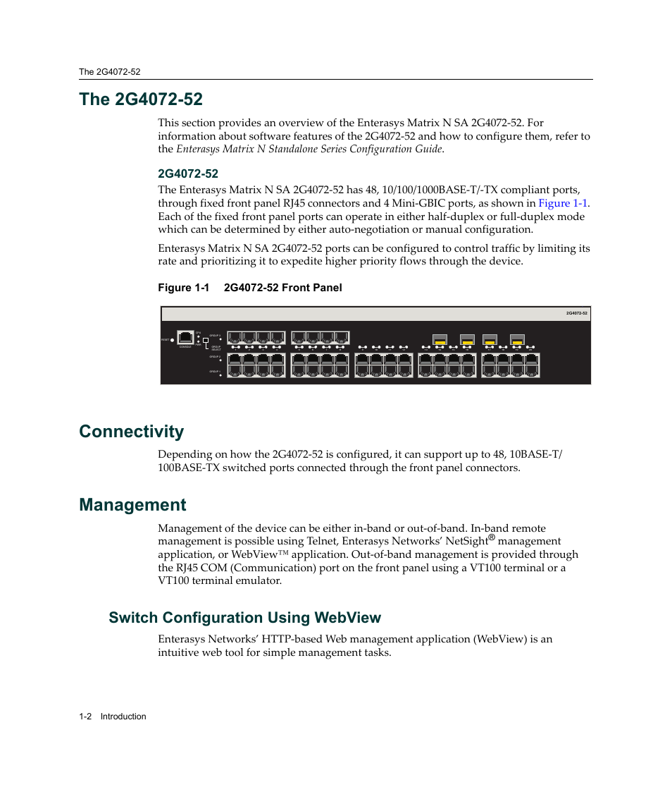 The 2g4072-52, Connectivity, Management | Switch configuration using webview, The 2g4072-52 -2 connectivity -2 management -2, Switch configuration using webview -2, 2g4072-52 front panel -2 | Enterasys Networks 2G4072-52 User Manual | Page 22 / 70