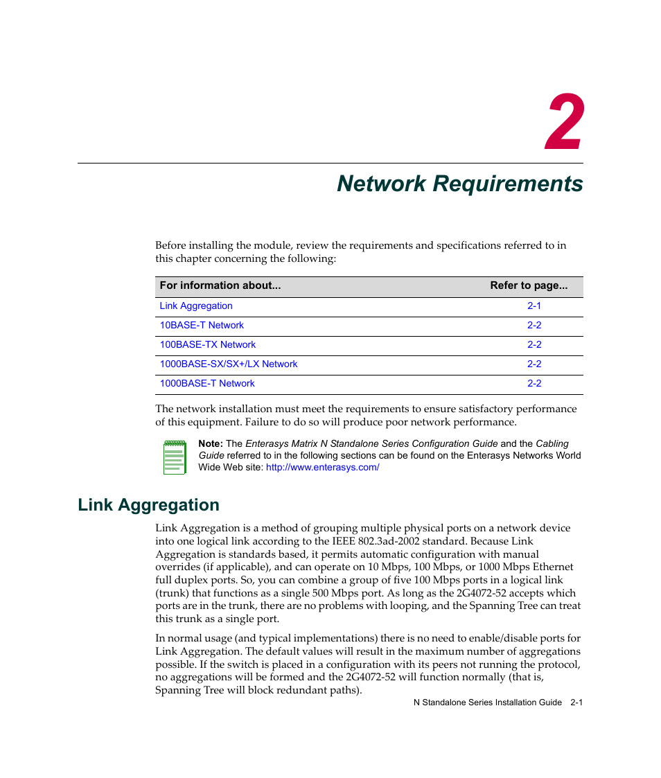 Network requirements, Link aggregation, Chapter 2: network requirements | Link aggregation -1 | Enterasys Networks 2G4072-52 User Manual | Page 25 / 70