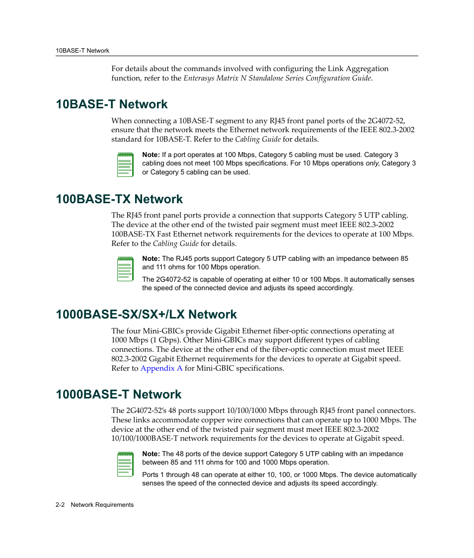 10base-t network, 100base-tx network, 1000base-sx/sx+/lx network | 1000base-t network | Enterasys Networks 2G4072-52 User Manual | Page 26 / 70