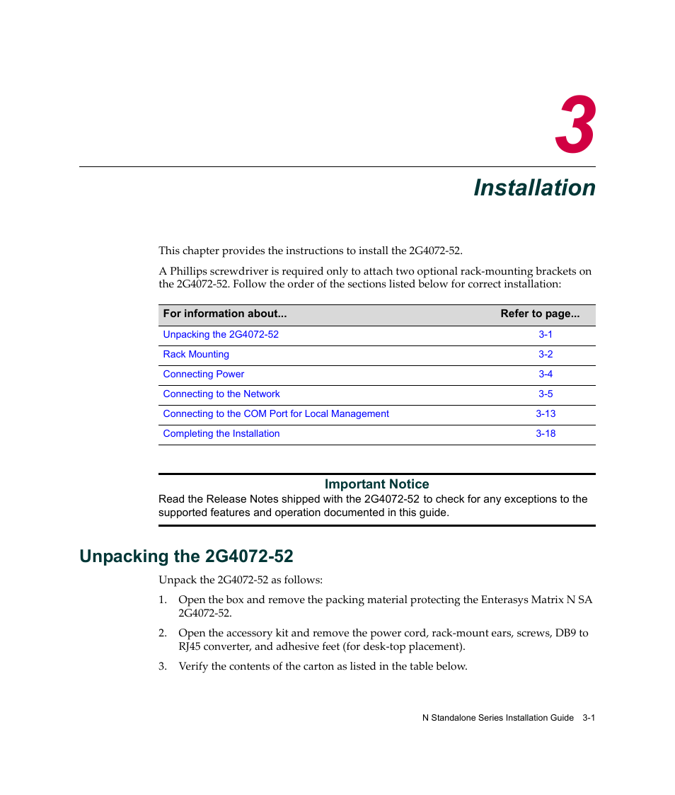 Installation, Unpacking the 2g4072-52, Chapter 3: installation | Unpacking the 2g4072-52 -1 | Enterasys Networks 2G4072-52 User Manual | Page 27 / 70
