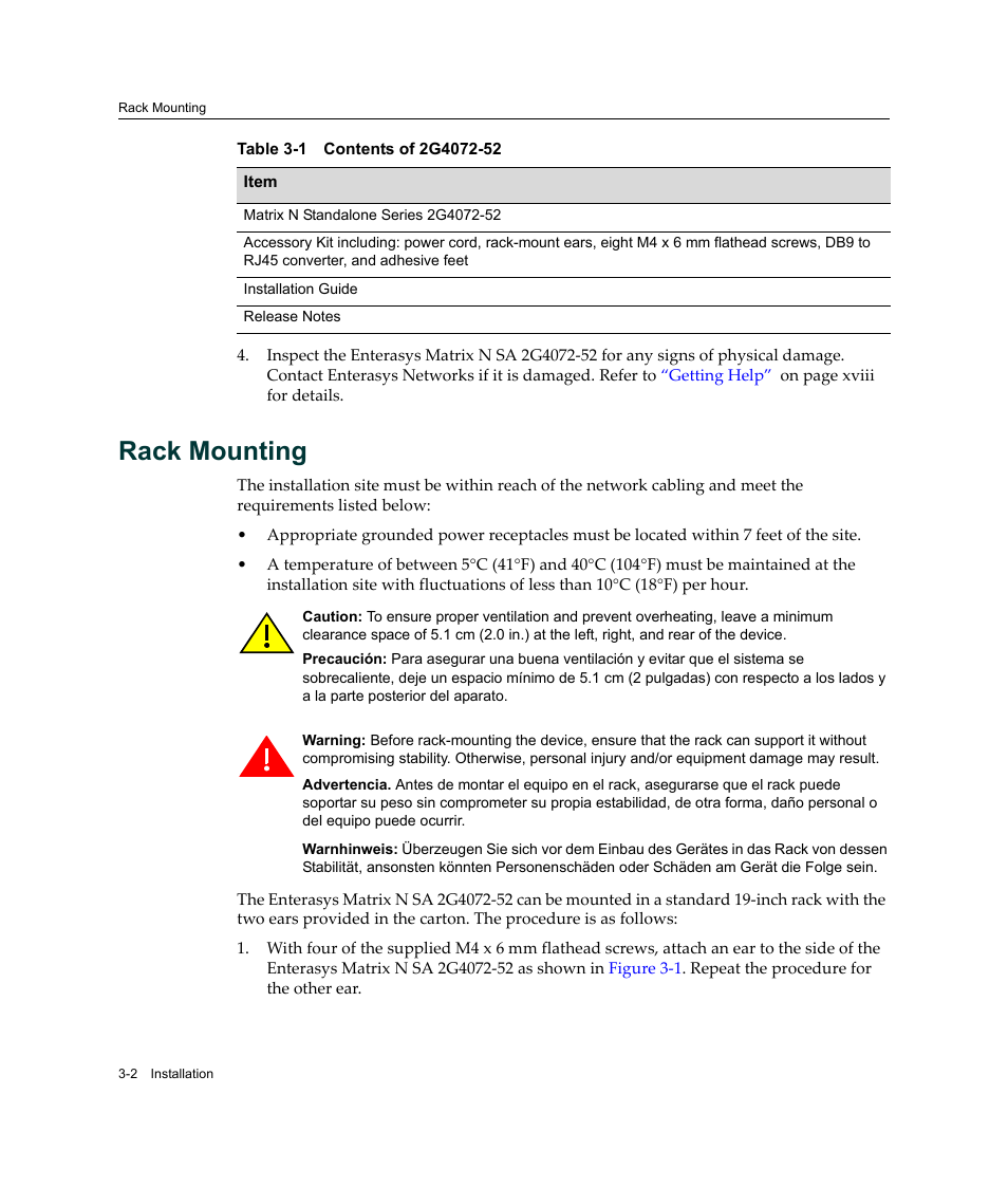 Rack mounting, Rack mounting -2, Contents of 2g4072-52 -2 | Enterasys Networks 2G4072-52 User Manual | Page 28 / 70