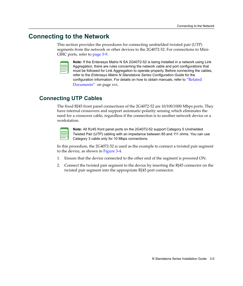 Connecting to the network, Connecting utp cables, Connecting to the network -5 | Connecting utp cables -5 | Enterasys Networks 2G4072-52 User Manual | Page 31 / 70