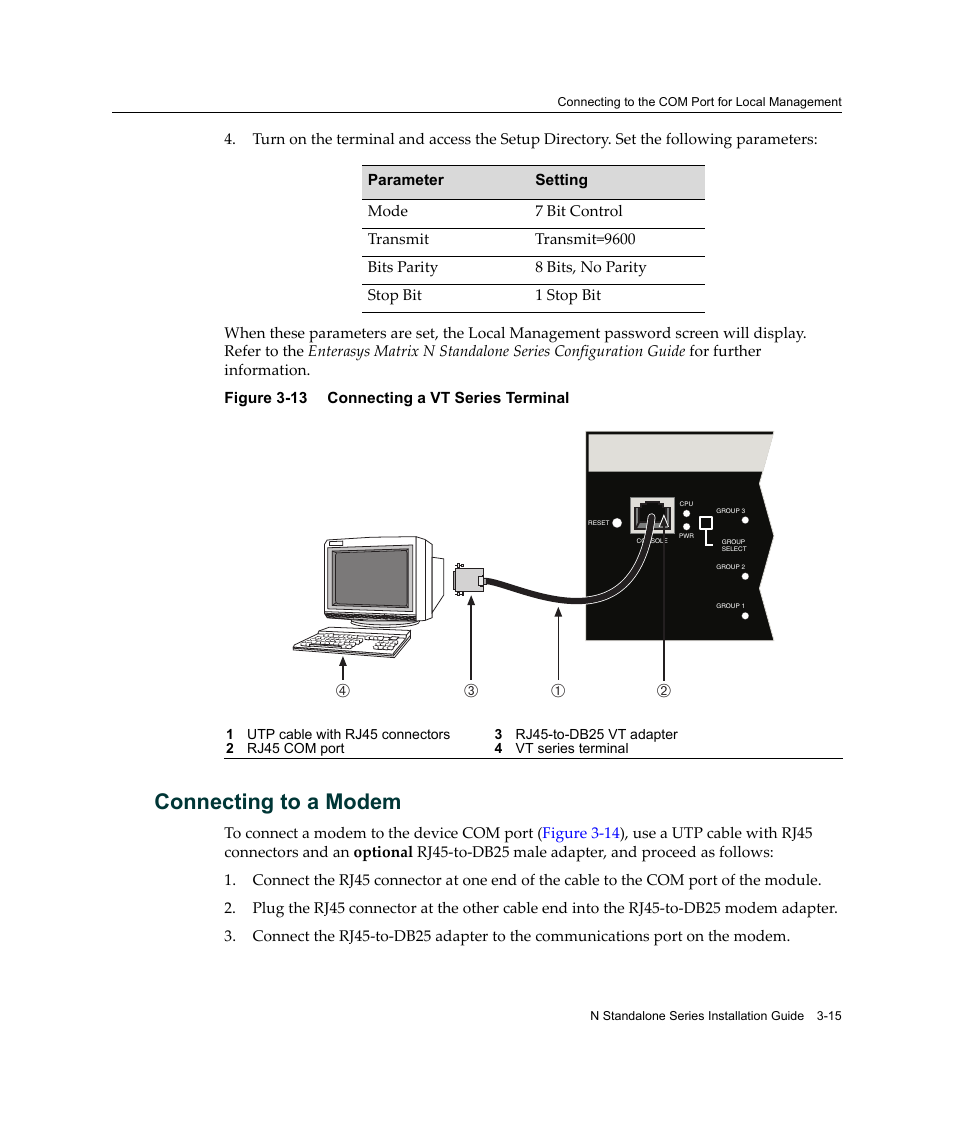 Connecting to a modem, Connecting to a modem -15, Connecting a vt series terminal -15 | Бв а г | Enterasys Networks 2G4072-52 User Manual | Page 41 / 70