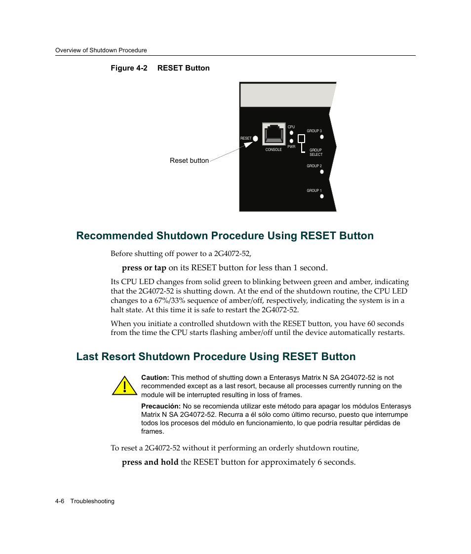 Recommended shutdown procedure using reset button, Last resort shutdown procedure using reset button, Reset button -6 | Figure 4‐2 | Enterasys Networks 2G4072-52 User Manual | Page 52 / 70