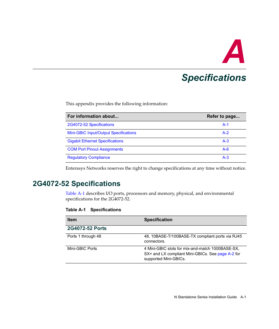 Specifications, 2g4072-52 specifications, Appendix a: specifications | Appendix a | Enterasys Networks 2G4072-52 User Manual | Page 53 / 70