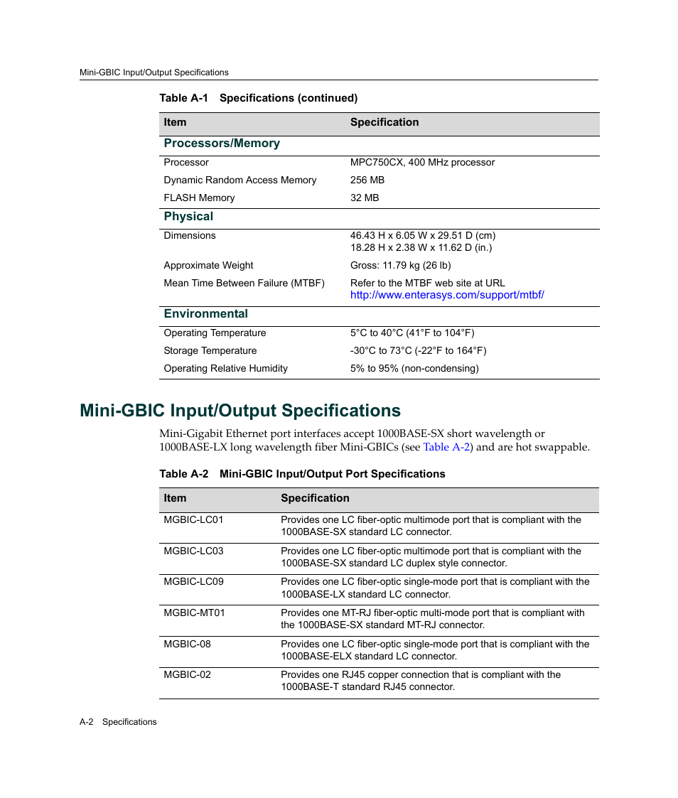 Mini-gbic input/output specifications | Enterasys Networks 2G4072-52 User Manual | Page 54 / 70