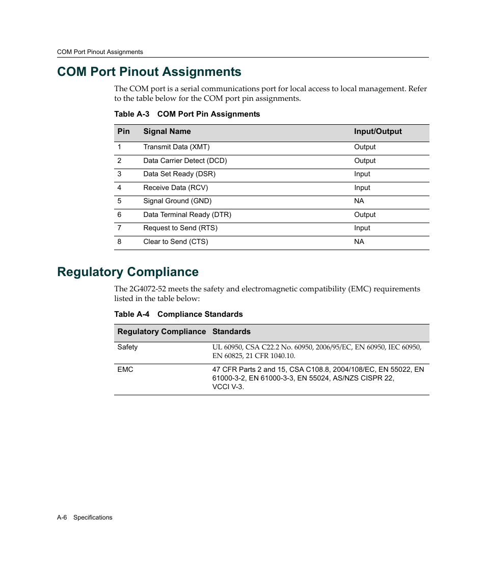 Com port pinout assignments, Regulatory compliance | Enterasys Networks 2G4072-52 User Manual | Page 58 / 70
