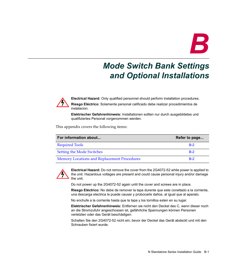 Mode switch bank, Settings and optional installations, Appendix b | For instr | Enterasys Networks 2G4072-52 User Manual | Page 59 / 70