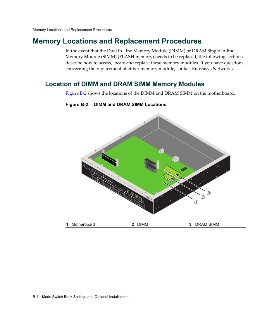 Memory locations and replacement procedures, Location of dimm and dram simm memory modules, Аб в | Enterasys Networks 2G4072-52 User Manual | Page 62 / 70