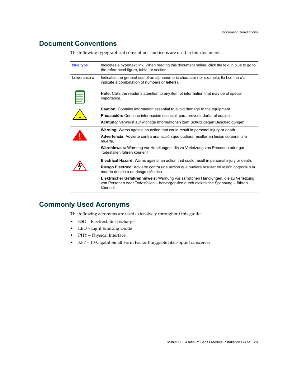 Document conventions, Commonly used acronyms | Enterasys Networks Enterasys Diamond Distributed Forwarding Engine 7KR4297-04 User Manual | Page 15 / 64