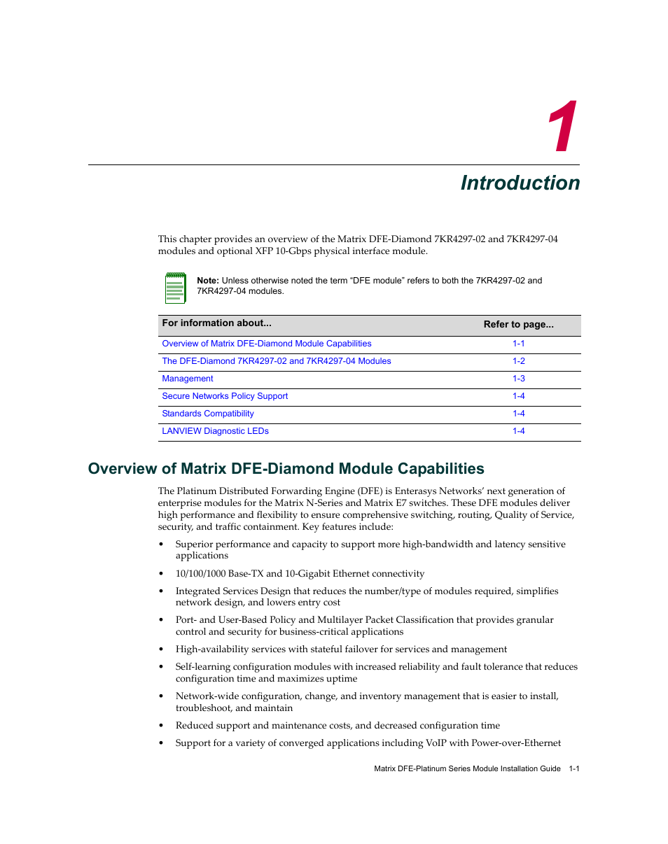 Introduction, Overview of matrix dfe-diamond module capabilities, Chapter 1: introduction | Enterasys Networks Enterasys Diamond Distributed Forwarding Engine 7KR4297-04 User Manual | Page 17 / 64