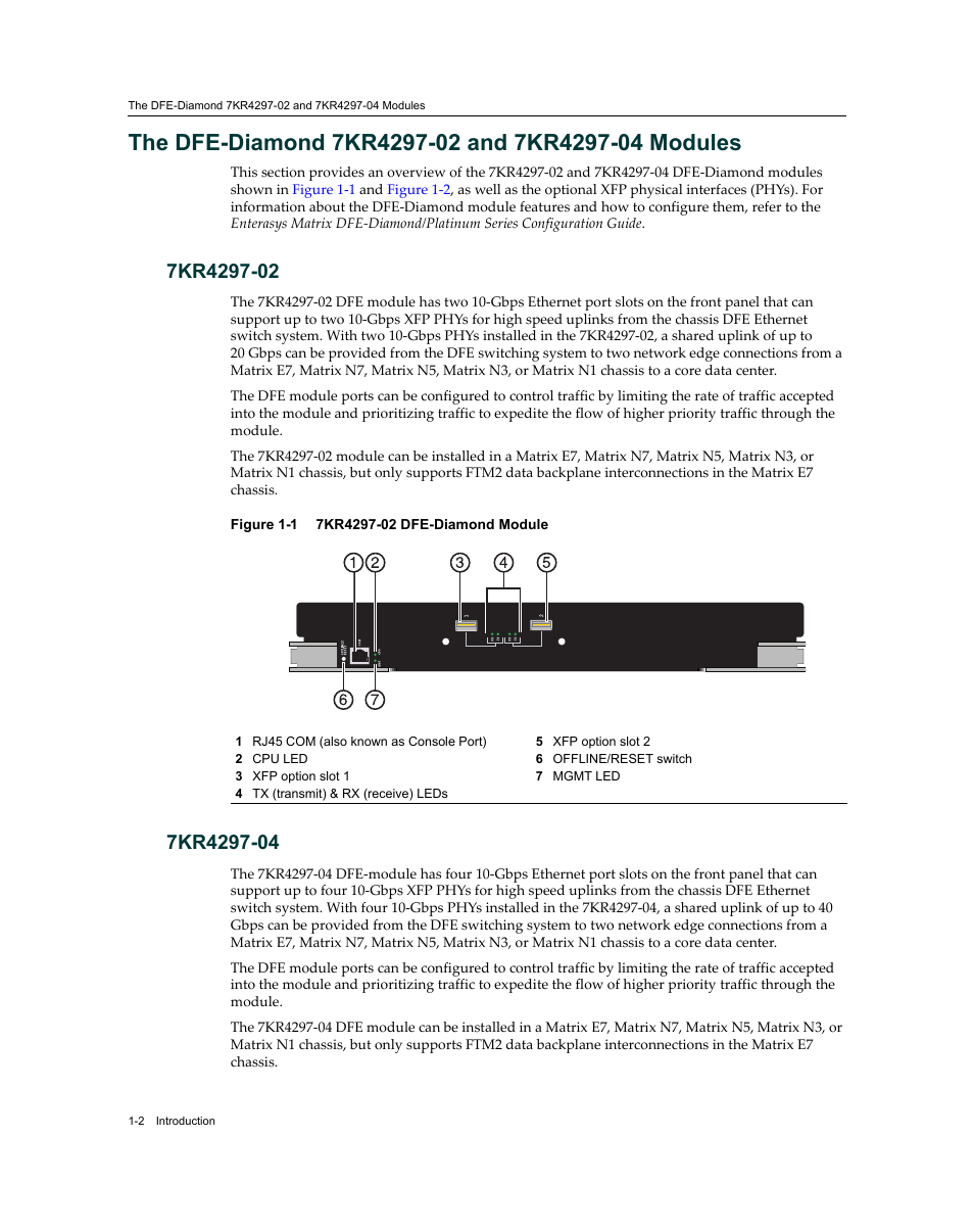 The dfe-diamond 7kr4297-02 and 7kr4297-04 modules, 7kr4297-02, 7kr4297-04 | 7kr4297-02 -2 7kr4297-04 -2, 7k4297-02 dfe-platinum module -2, 7k4297-04 dfe-platinum module -3 | Enterasys Networks Enterasys Diamond Distributed Forwarding Engine 7KR4297-04 User Manual | Page 18 / 64