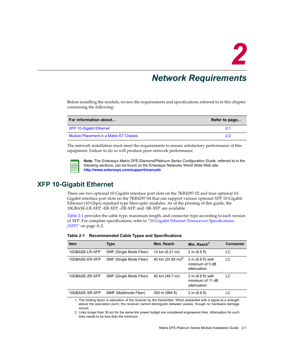 Network requirements, Xfp 10-gigabit ethernet, Chapter 2: network requirements | Xfp 10-gigabit ethernet -1 | Enterasys Networks Enterasys Diamond Distributed Forwarding Engine 7KR4297-04 User Manual | Page 21 / 64