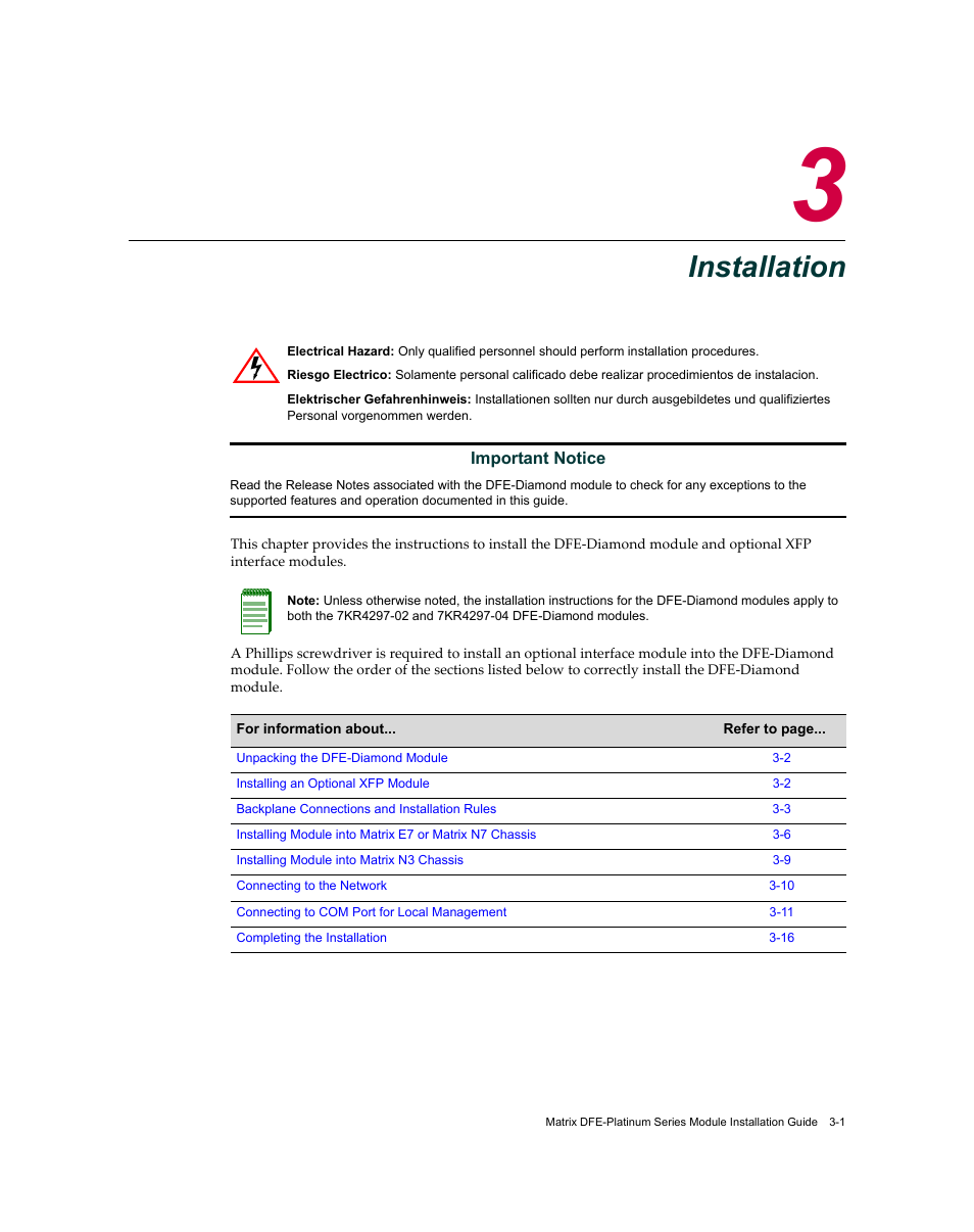 Installation, Chapter 3: installation | Enterasys Networks Enterasys Diamond Distributed Forwarding Engine 7KR4297-04 User Manual | Page 23 / 64