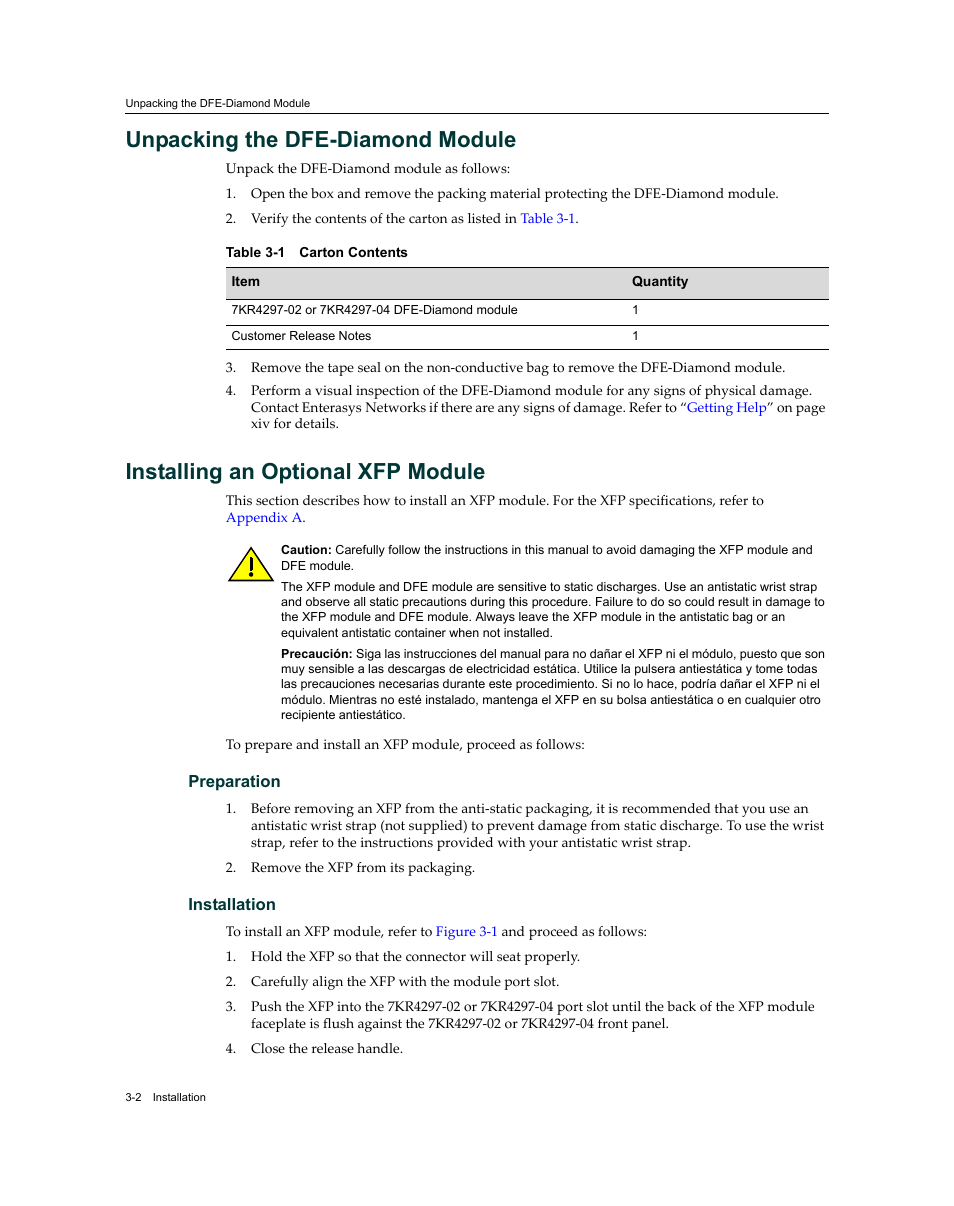 Unpacking the dfe-diamond module, Installing an optional xfp module, Preparation | Installation, Carton contents -2 | Enterasys Networks Enterasys Diamond Distributed Forwarding Engine 7KR4297-04 User Manual | Page 24 / 64