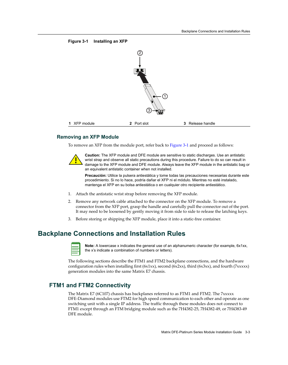 Removing an xfp module, Backplane connections and installation rules, Ftm1 and ftm2 connectivity | Backplane connections and installation rules -3, Ftm1 and ftm2 connectivity -3, Installing an xfp -3, Figure 3‐1 | Enterasys Networks Enterasys Diamond Distributed Forwarding Engine 7KR4297-04 User Manual | Page 25 / 64