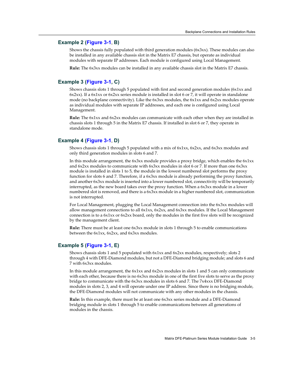 Example 2 (figure 3-1, b), Example 3 (figure 3-1, c), Example 4 (figure 3-1, d) | Example 5 (figure 3-1, e) | Enterasys Networks Enterasys Diamond Distributed Forwarding Engine 7KR4297-04 User Manual | Page 27 / 64