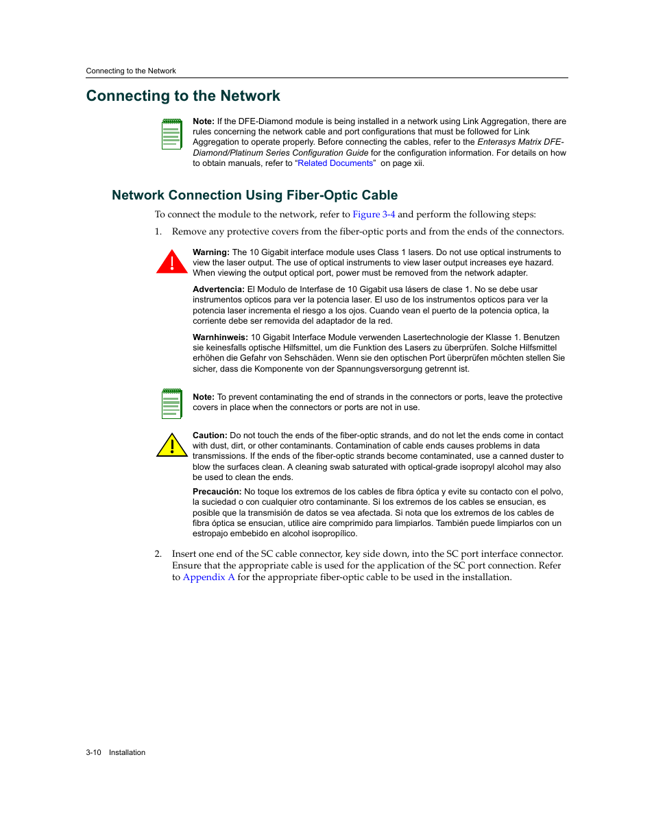 Connecting to the network, Network connection using fiber-optic cable, Connecting to the network -10 | Network connection using fiber-optic cable -10 | Enterasys Networks Enterasys Diamond Distributed Forwarding Engine 7KR4297-04 User Manual | Page 32 / 64