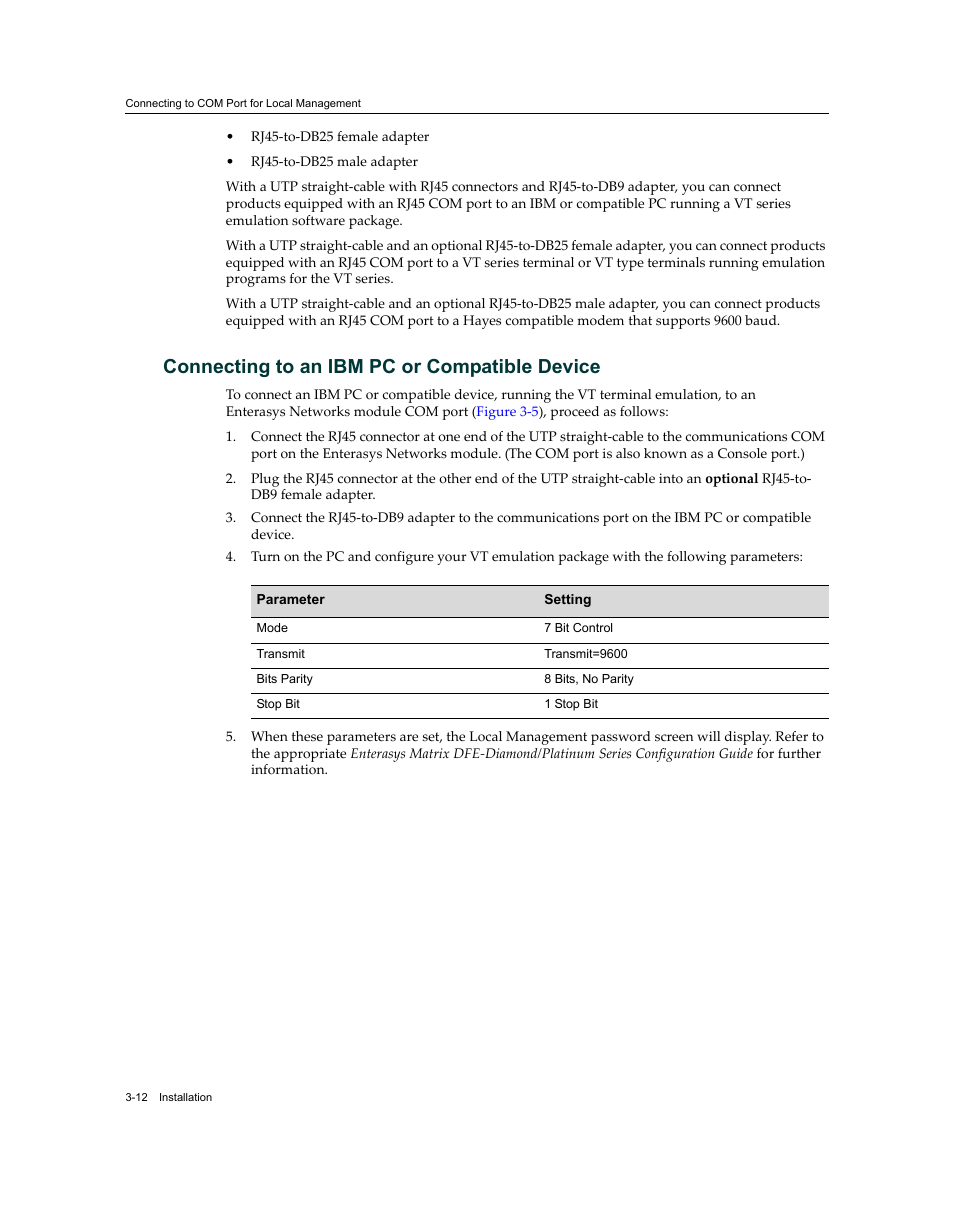 Connecting to an ibm pc or compatible device, Connecting to an ibm pc or compatible device -12 | Enterasys Networks Enterasys Diamond Distributed Forwarding Engine 7KR4297-04 User Manual | Page 34 / 64