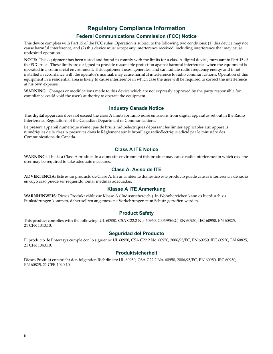 Regulatory compliance information | Enterasys Networks Enterasys Diamond Distributed Forwarding Engine 7KR4297-04 User Manual | Page 4 / 64