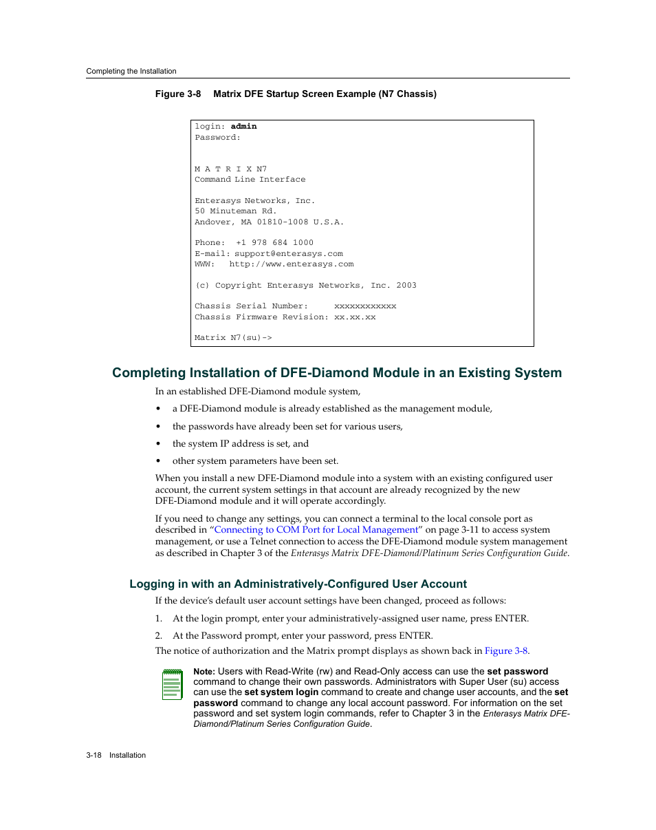 Matrix dfe startup screen example (n7 chassis) -17, Completing installation of, Dfe‐diamond module in an existing system | Figure 3‐8 | Enterasys Networks Enterasys Diamond Distributed Forwarding Engine 7KR4297-04 User Manual | Page 40 / 64