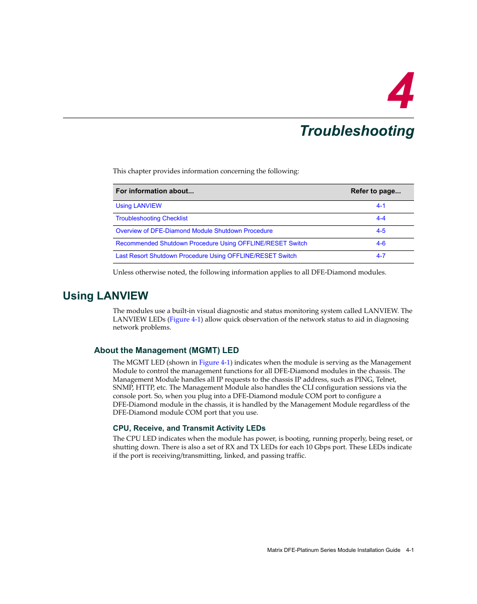 Troubleshooting, Using lanview, About the management (mgmt) led | Chapter 4: troubleshooting, Using lanview -1, Chapter 4 | Enterasys Networks Enterasys Diamond Distributed Forwarding Engine 7KR4297-04 User Manual | Page 43 / 64