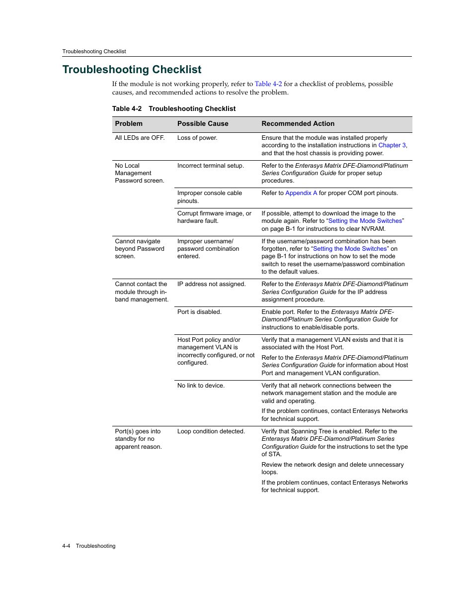 Troubleshooting checklist, Troubleshooting checklist -4 | Enterasys Networks Enterasys Diamond Distributed Forwarding Engine 7KR4297-04 User Manual | Page 46 / 64