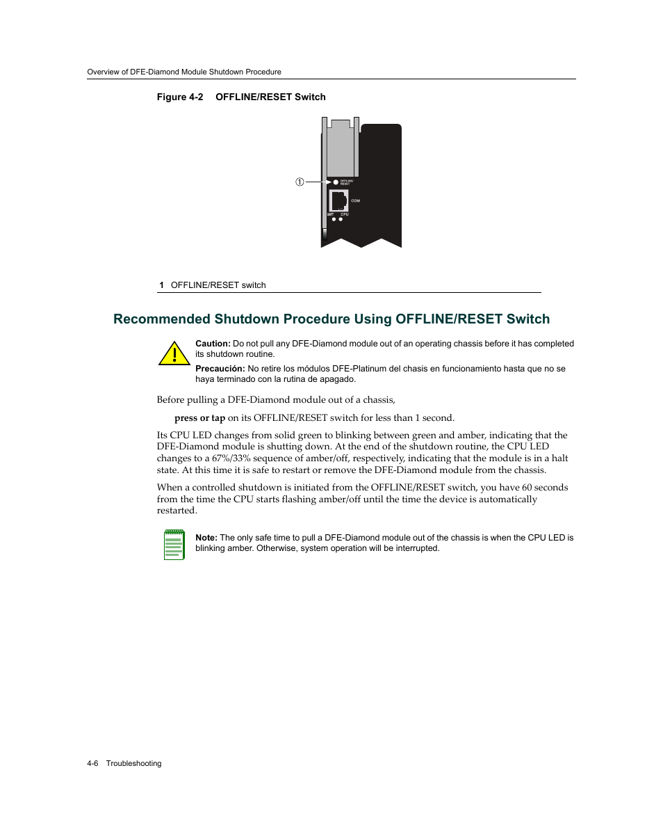 Figure 4‐2, Recommended shutdown procedure using offline, Reset switch | Enterasys Networks Enterasys Diamond Distributed Forwarding Engine 7KR4297-04 User Manual | Page 48 / 64