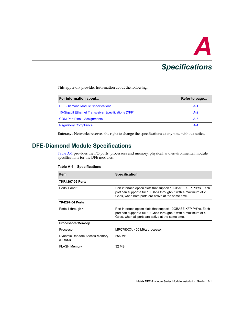 Specifications, Dfe-diamond module specifications, Appendix a: specifications | Appendix a | Enterasys Networks Enterasys Diamond Distributed Forwarding Engine 7KR4297-04 User Manual | Page 51 / 64