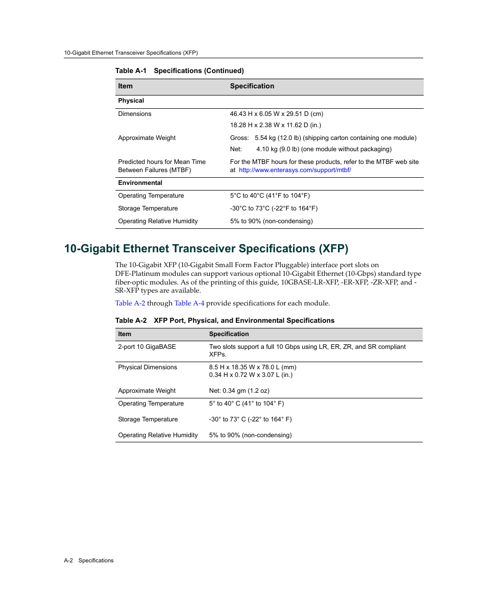 Gigabit ethernet transceiver specifications (xfp) | Enterasys Networks Enterasys Diamond Distributed Forwarding Engine 7KR4297-04 User Manual | Page 52 / 64