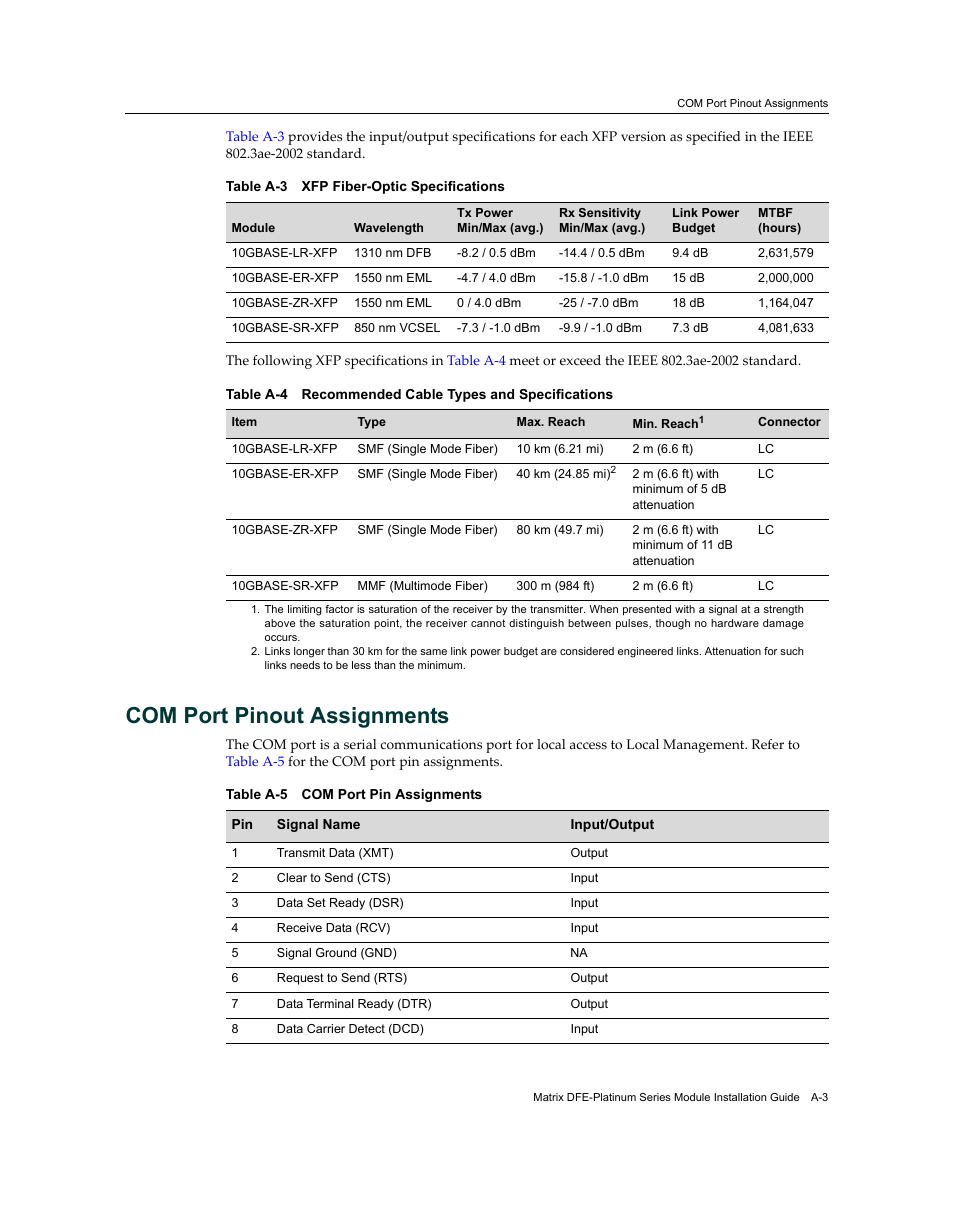 Com port pinout assignments, Table a‐4 | Enterasys Networks Enterasys Diamond Distributed Forwarding Engine 7KR4297-04 User Manual | Page 53 / 64