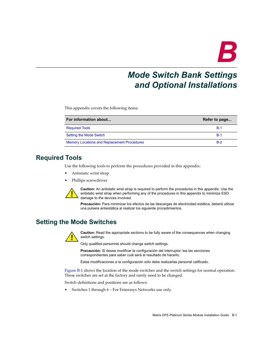 Required tools, Setting the mode switches, Mode switch bank settings and | Optional installations, Refer to | Enterasys Networks Enterasys Diamond Distributed Forwarding Engine 7KR4297-04 User Manual | Page 55 / 64