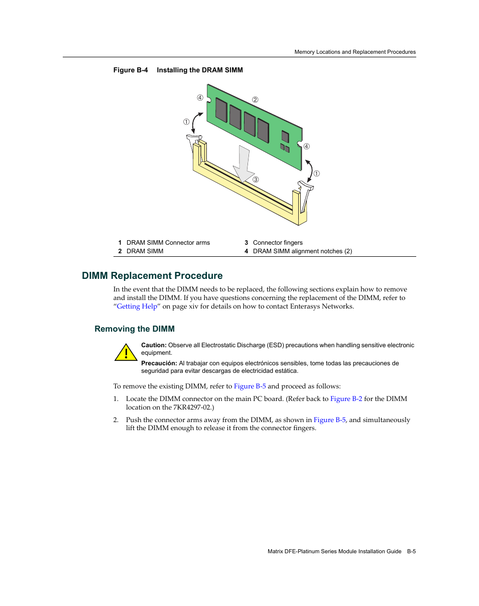 Dimm replacement procedure, Removing the dimm, Figure b‐4 | Enterasys Networks Enterasys Diamond Distributed Forwarding Engine 7KR4297-04 User Manual | Page 59 / 64