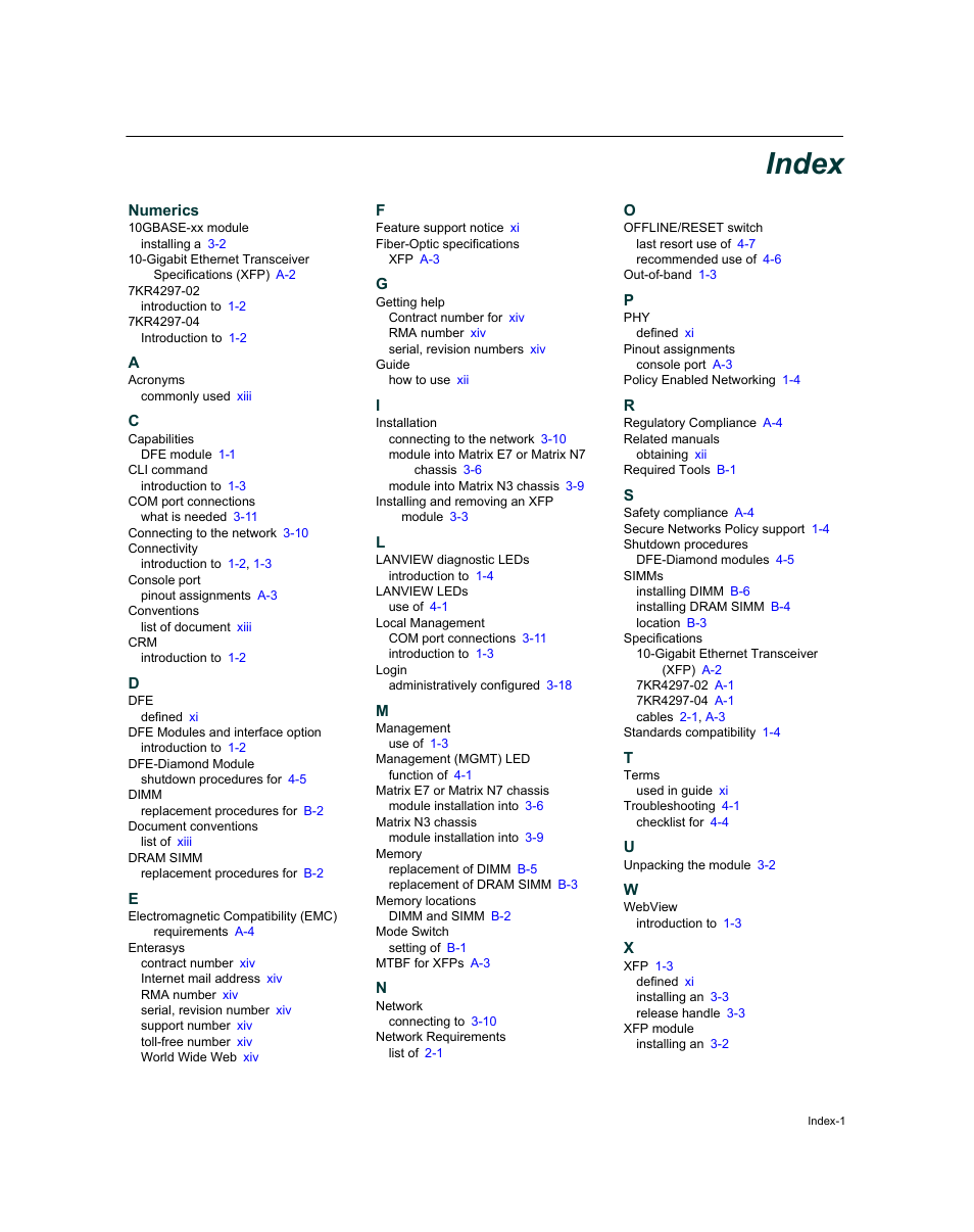 Index, Numerics | Enterasys Networks Enterasys Diamond Distributed Forwarding Engine 7KR4297-04 User Manual | Page 63 / 64