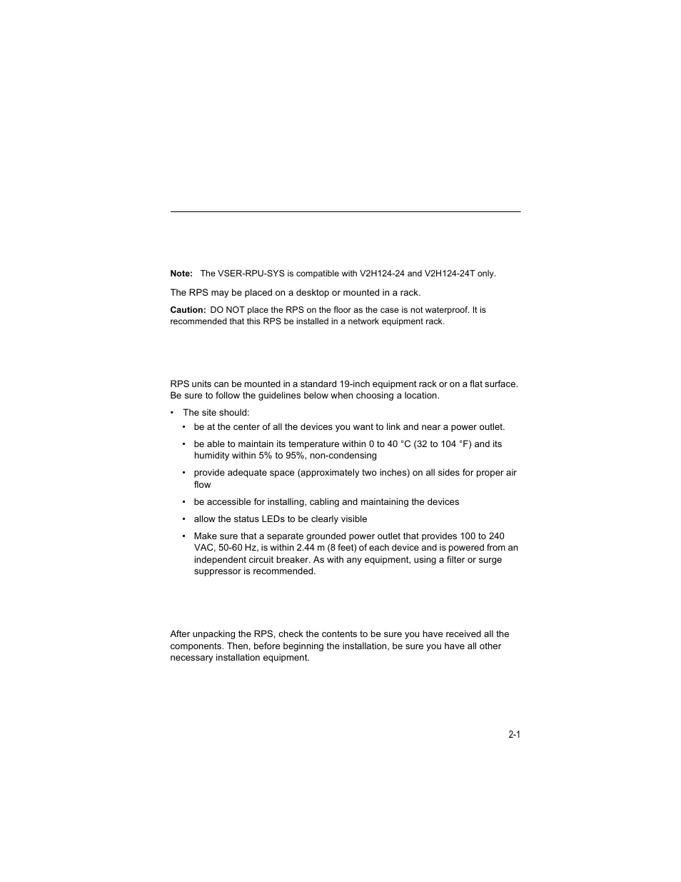 Installing the redundant power supply, Installation, Selecting a site | Equipment checklist, Chapter 2: installing the redundant power supply, Installation 2-1 selecting a site | Enterasys Networks VSER-RPU-SYS User Manual | Page 15 / 28